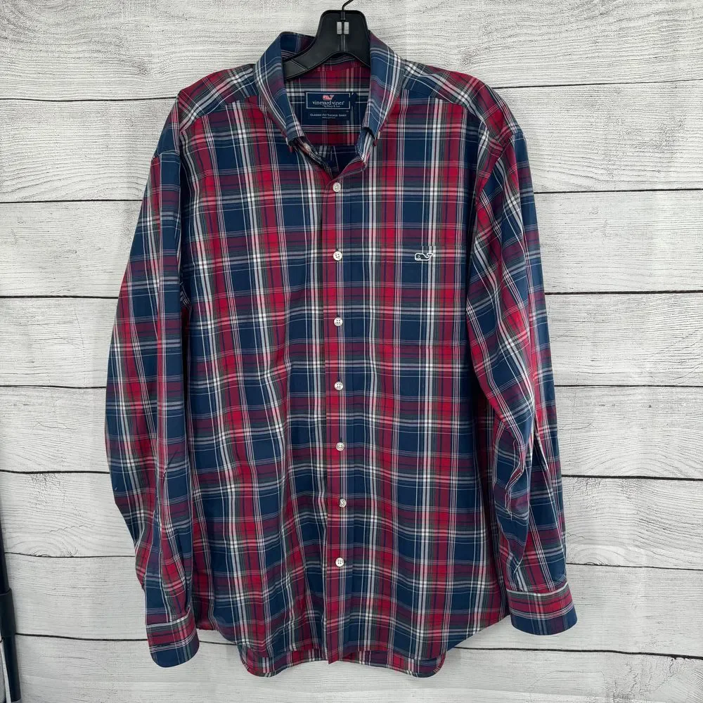 Vineyard Vines Classic Fit Tucker Plaid Button-Down Shirt Medium Navy Red Casual